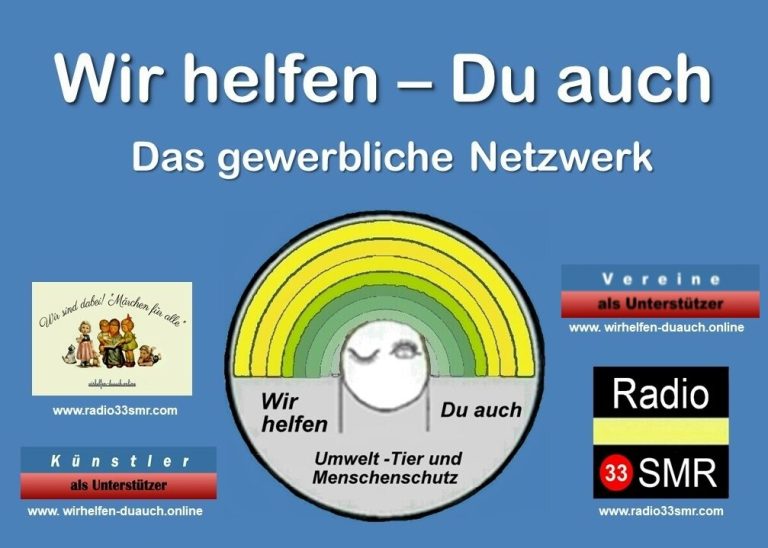 Logo mit Text: "Wir helfen – Du auch" und Informationen zum Netzwerk und Radio 13 SMR.