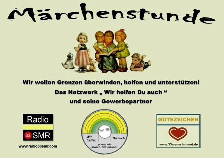Gruppierung von Kindern, die Geschichten hören; Text über Unterstützung und Kooperation.